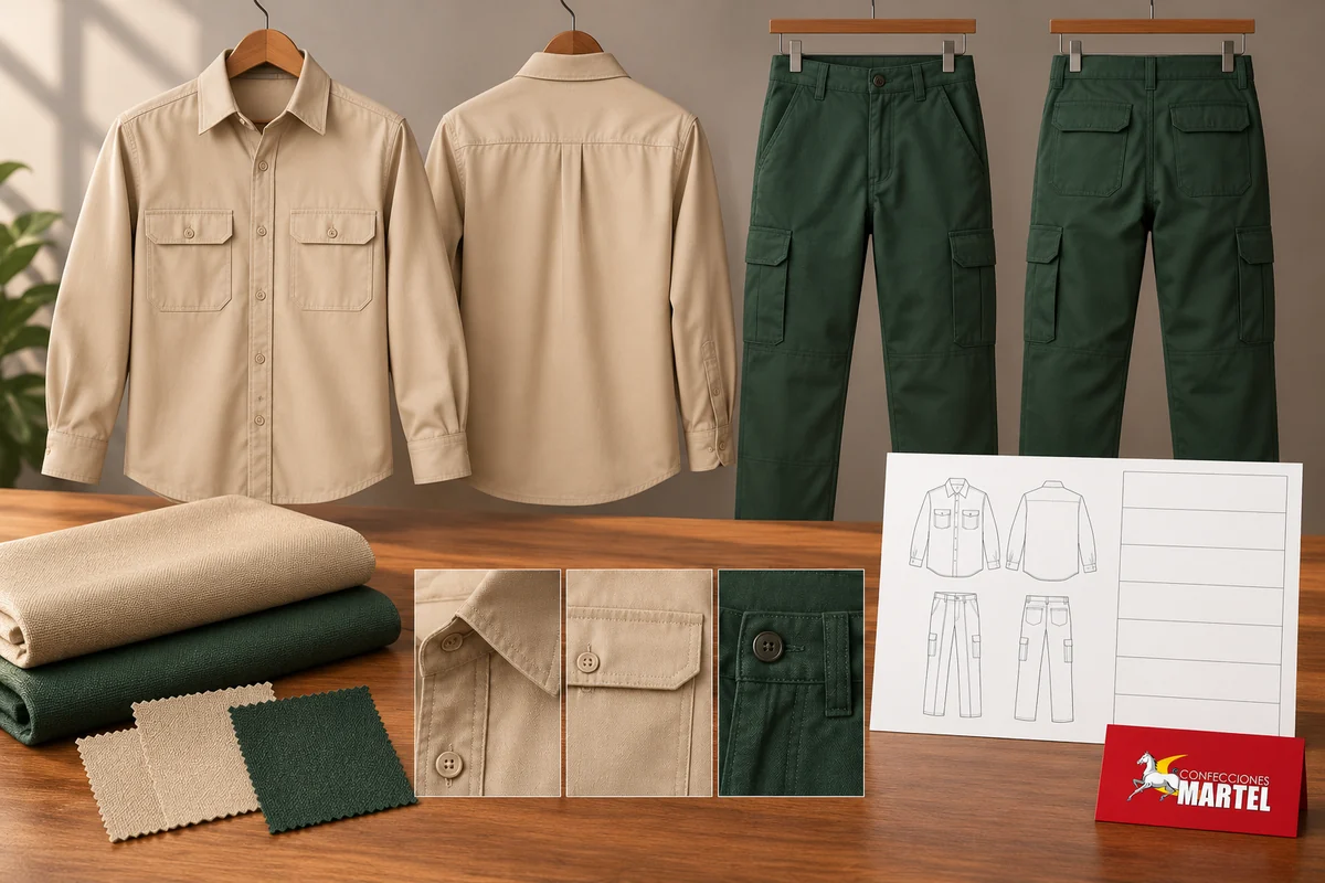Selección de camisas arena y pantalones verdes con muestras textiles, recuadros de detalles y dibujos de prendas sin datos.