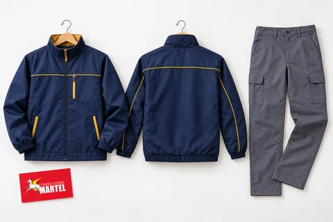 Casacas azul marino con ribetes mostaza y pantalón gris dispuestos sobre fondo blanco.