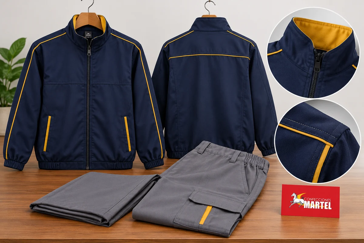 Casacas azul marino y pantalón gris con ampliaciones del cuello y las costuras con ribete mostaza.
