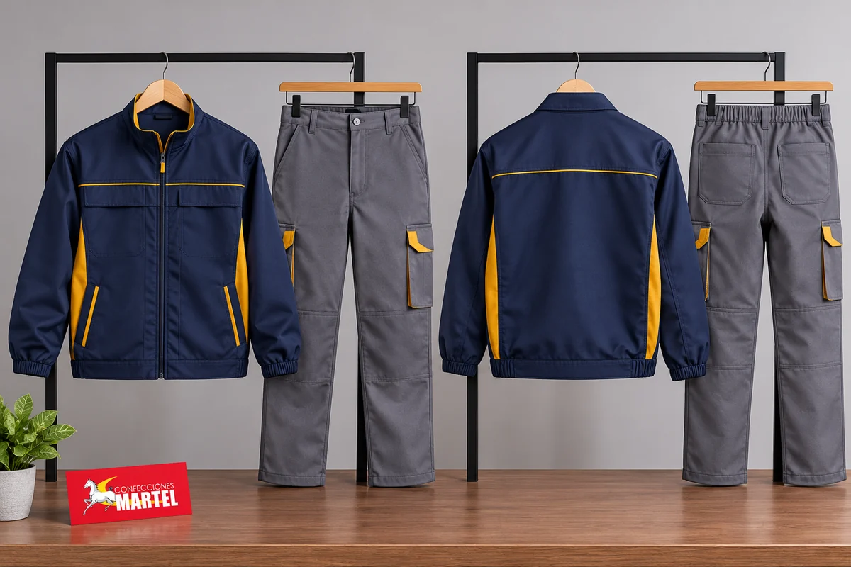 Casacas azul marino con detalles mostaza y pantalones grises en perchas de frente y espalda.