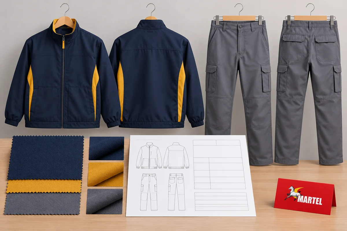 Casacas azul marino y pantalones grises junto a muestras azul, mostaza y gris y una ficha de prendas sin datos.