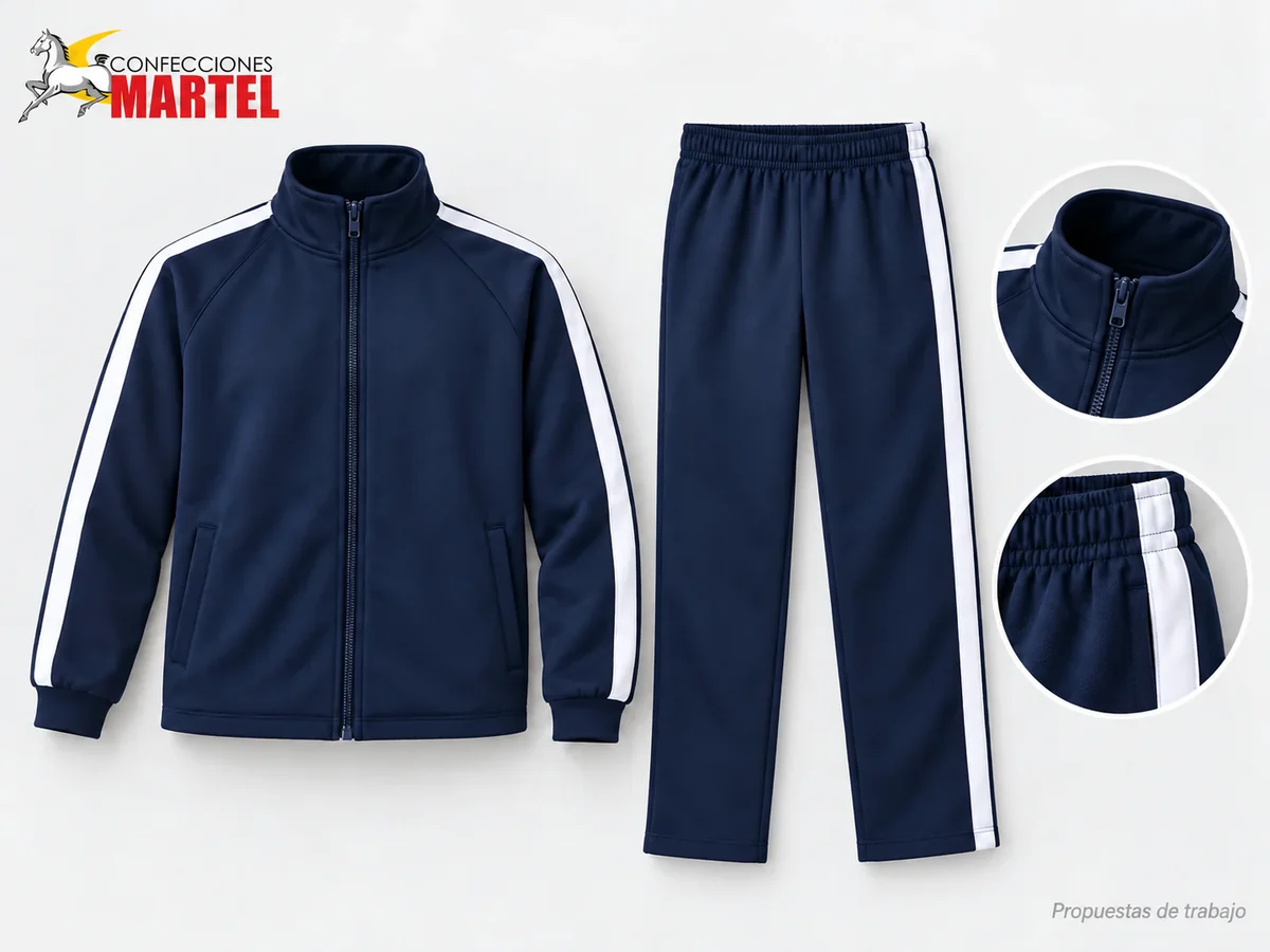 Propuesta Martel MAR-BUZ-001: Casaca y pantalón azul marino con franjas blancas, cierre completo y pierna recta sin puño.