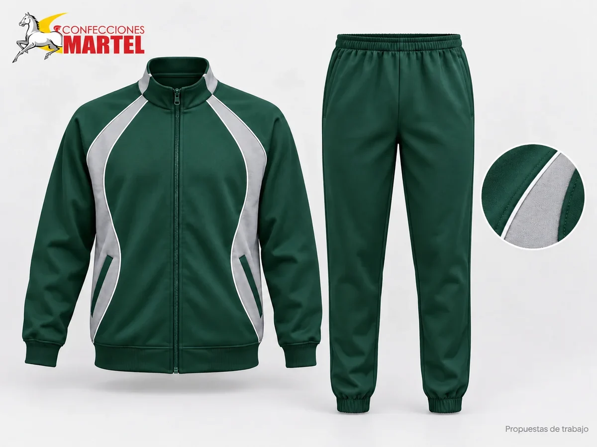 Propuesta Martel MAR-BUZ-002: Conjunto verde botella con casaca de paneles curvos grises y pantalón afinado con puños.