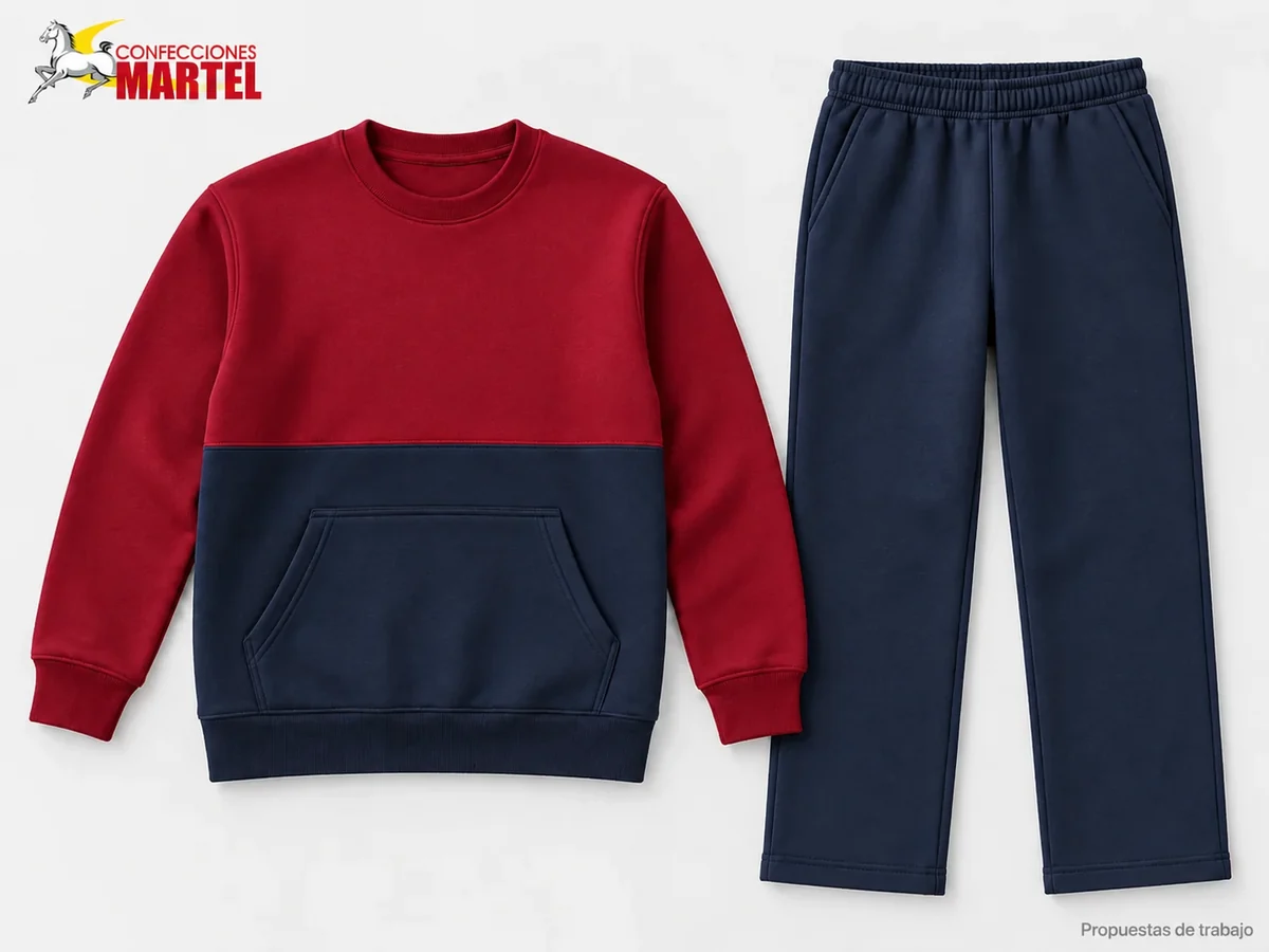 Propuesta Martel MAR-BUZ-003: Polera granate de cuello redondo y bolsillo canguro azul marino, con pantalón recto azul marino.