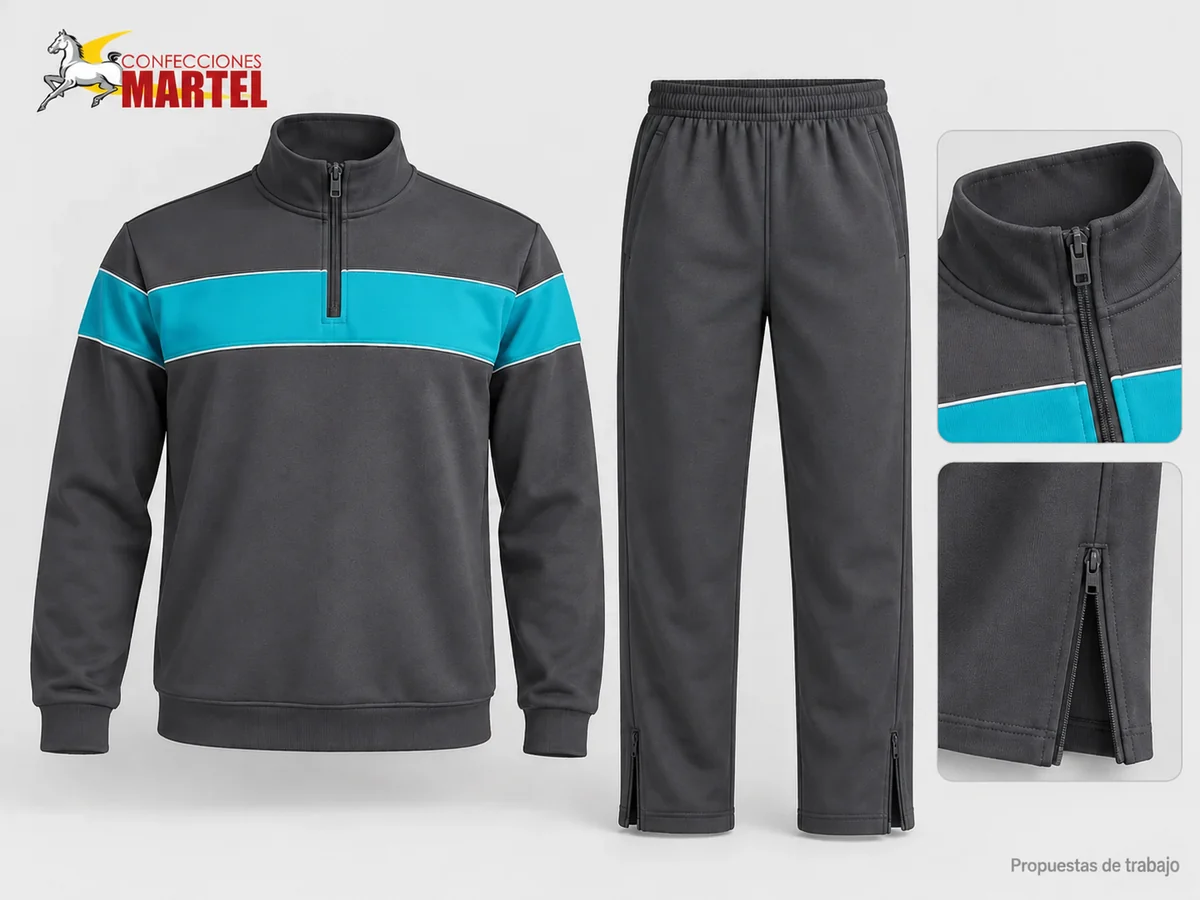 Propuesta Martel MAR-BUZ-004: Polera gris con media cremallera y banda turquesa, pantalón recto con cierres en tobillos.