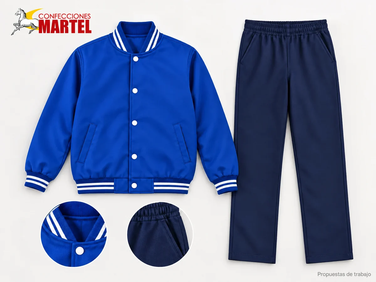 Propuesta Martel MAR-BUZ-005: Casaca bomber azul rey con broches blancos y cuello acanalado, pantalón recto azul marino.