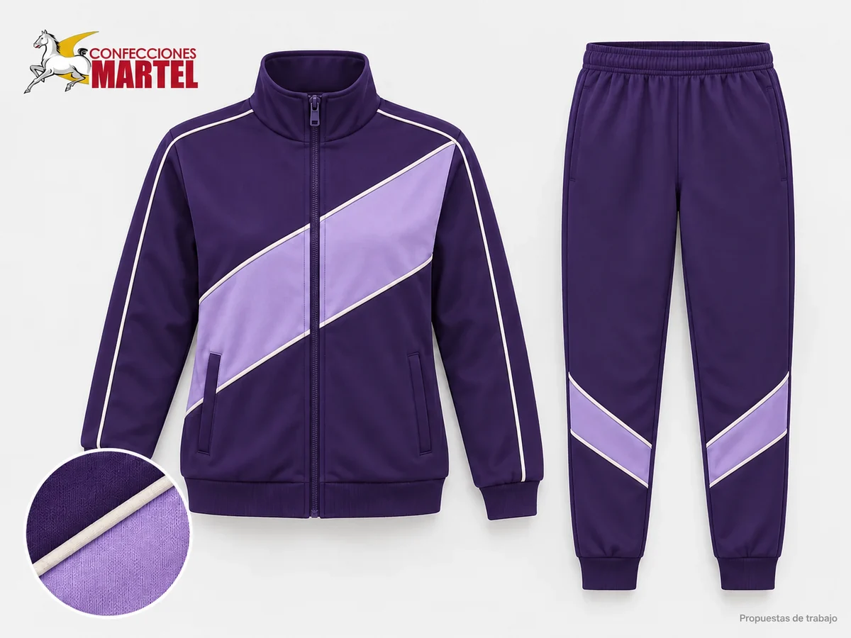 Propuesta Martel MAR-BUZ-006: Casaca violeta con panel diagonal lila y cierre completo, pantalón con diagonales bajo rodillas y puños.
