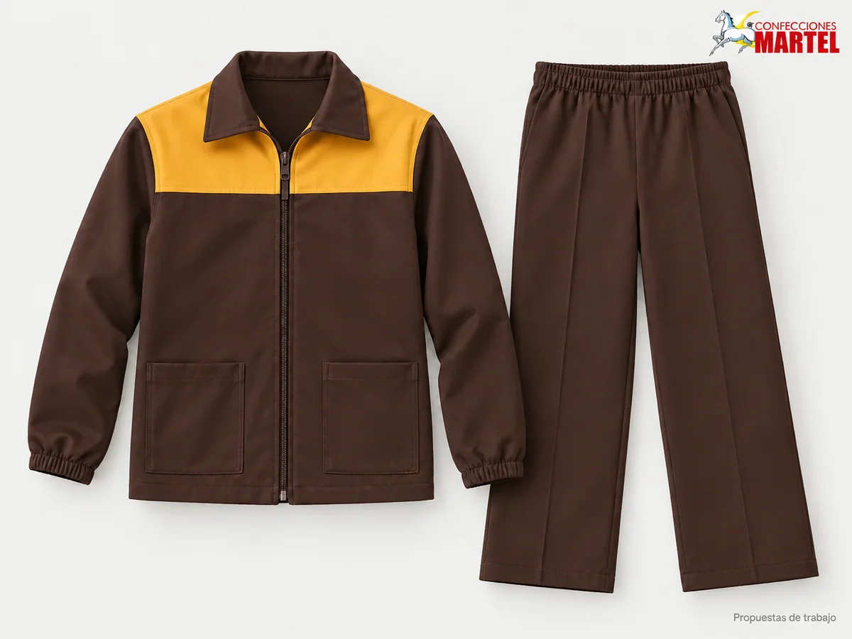 Propuesta Martel MAR-BUZ-007: Casaca chocolate con canesú mostaza y bolsillos de parche, pantalón amplio chocolate con costura frontal.