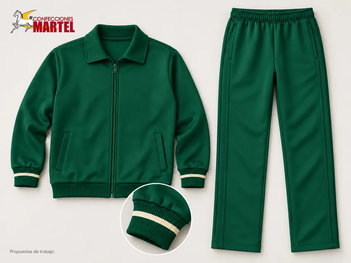 Propuesta Martel MAR-BUZ-008: Casaca verde esmeralda con cuello doblado y puños con línea marfil, pantalón recto a juego.