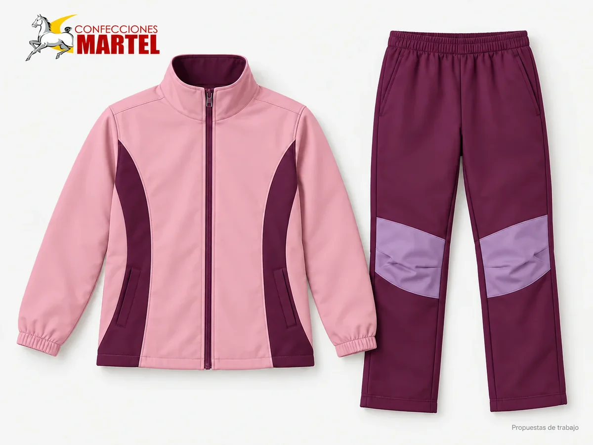 Propuesta Martel MAR-BUZ-009: Casaca rosa palo con paneles ciruela, pantalón ciruela con rodilleras lavanda y pinzas.