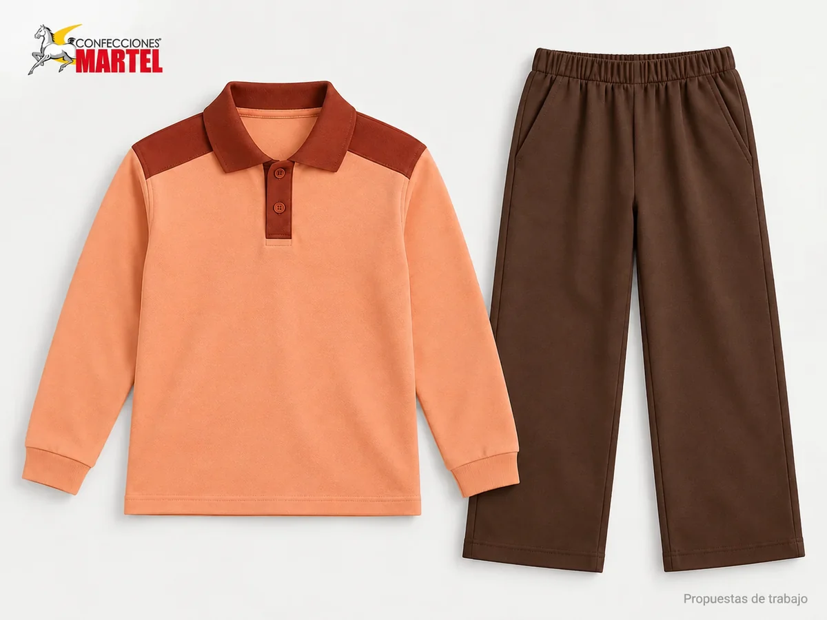 Propuesta Martel MAR-BUZ-010: Polera melocotón de manga larga con cuello terracota y dos botones, pantalón ancho chocolate.