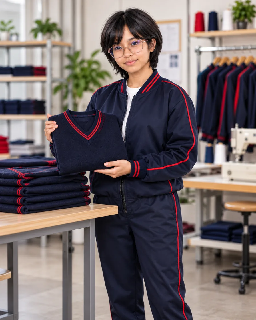 Modelo con casaca azul marino y una chompa escolar; imagen generada de referencia