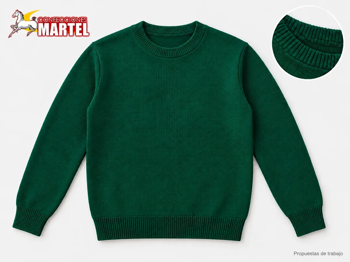Propuesta Martel Chompa Redonda Aula: Chompa verde esmeralda de cuello redondo. Manga larga montada; Cuello de banda acanalada; Cuerpo liso y puños sin franjas.