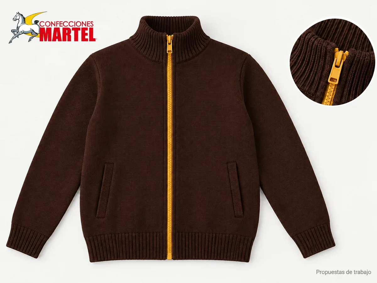 Propuesta Martel Chompa Cremallera Campus: Chompa chocolate de cierre completo. Cuello alto acanalado; Cremallera mostaza visible; Mangas largas y dos bolsillos de abertura vertical.