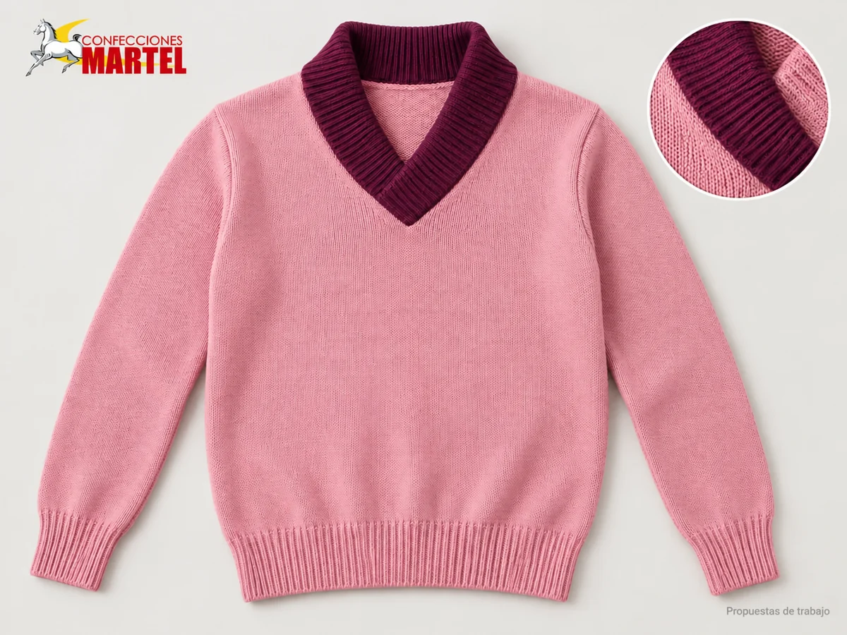 Propuesta Martel Chompa Cuello Chal: Chompa rosa palo de cuello chal ciruela. Cuello cruzado corto sin botones; Manga larga montada; Bajo y puños acanalados sin bolsillos.