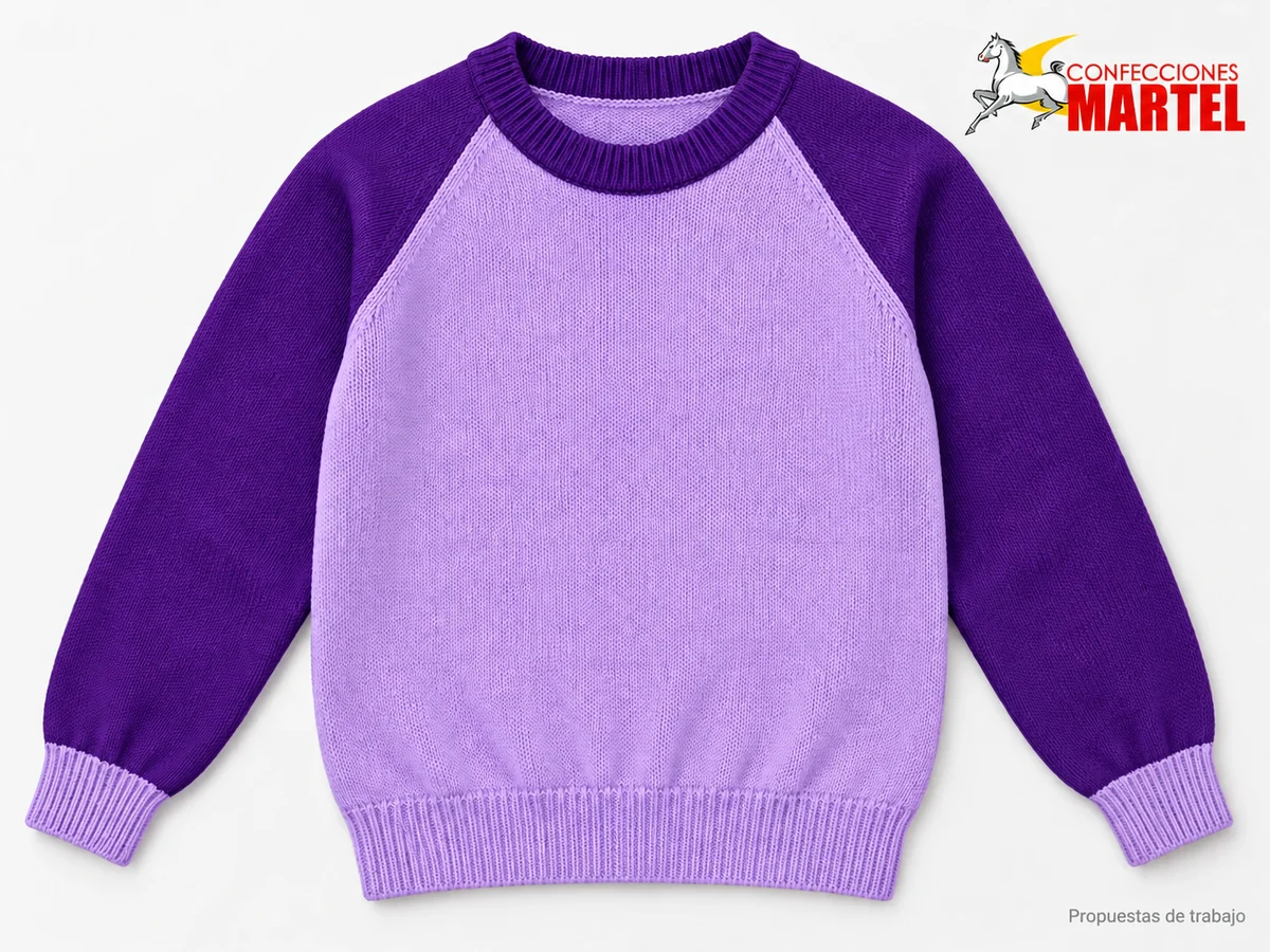 Propuesta Martel Chompa Raglán Horizonte: Chompa lila de mangas raglán violeta. Cuello redondo acanalado violeta; Cuerpo bicolor definido por unión de manga raglán; Puños y cintura lilas.