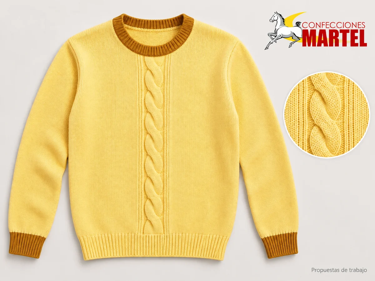 Propuesta Martel Chompa Trenza Lectura: Chompa amarillo mantequilla de cuello redondo. Una trenza tejida vertical central; Mangas largas lisas; Ribetes ocre en cuello y puños.
