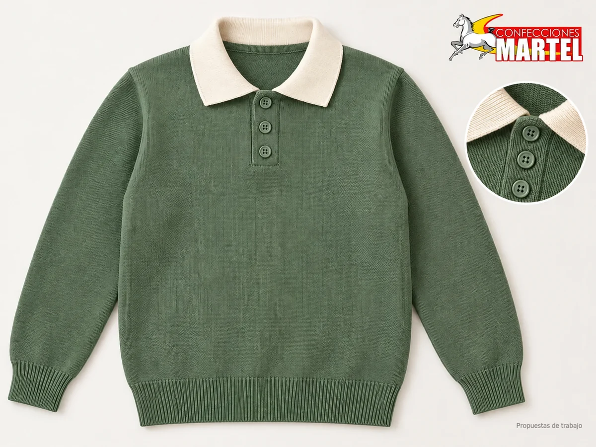 Propuesta Martel Chompa Polo Estudio: Chompa verde salvia de cuello polo marfil. Tapeta corta con tres botones; Manga larga con puños acanalados; Cuerpo de tejido liso sin bolsillos.