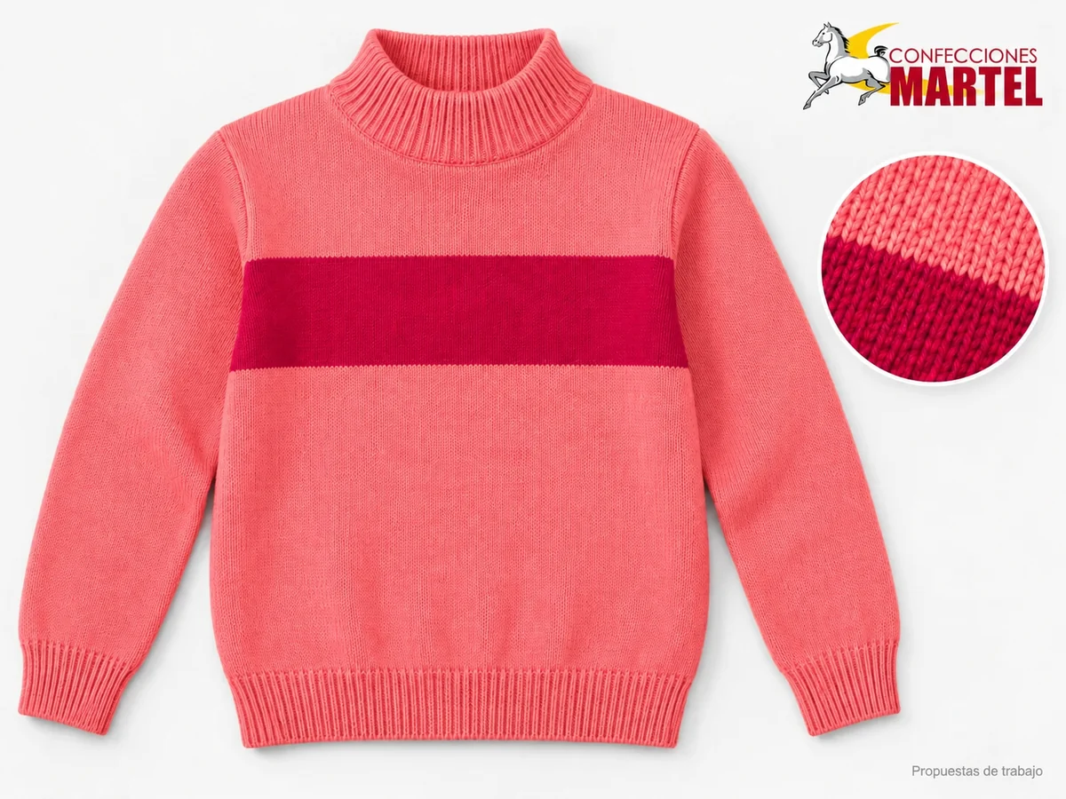 Propuesta Martel Chompa Cuello Chimenea: Chompa coral suave de cuello chimenea corto. Cuello vertical sin cierre ni botones; Franja fucsia oscuro horizontal en pecho; Manga larga montada y bajo recto acanalado.