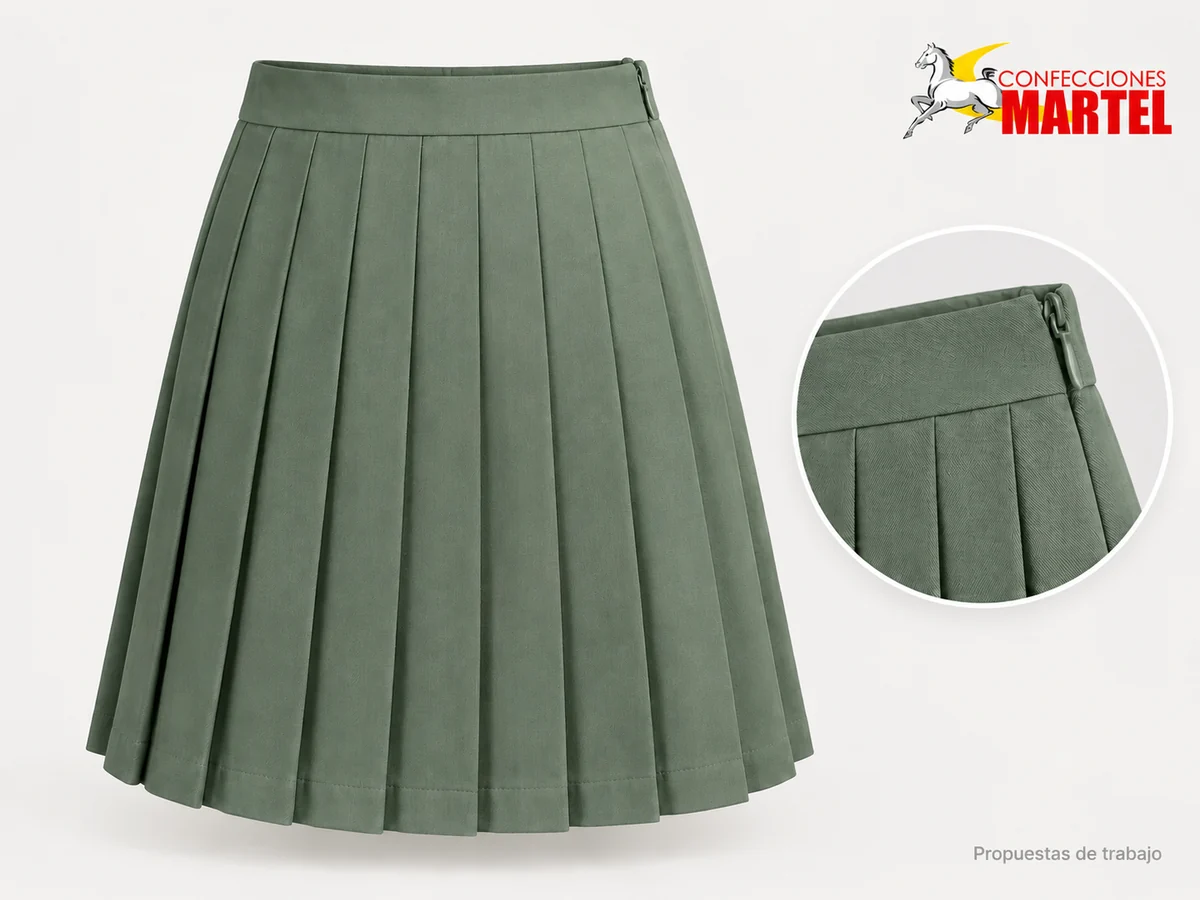 Propuesta Martel Falda Tablas Campus: Falda verde salvia con tablas estrechas y detalle del cierre lateral.