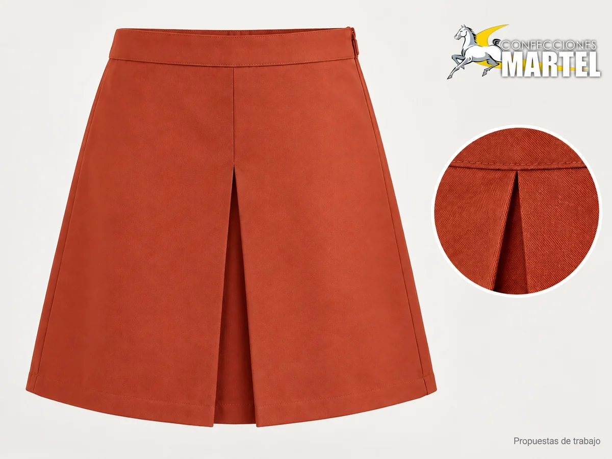 Propuesta Martel Falda Pliegue Inverso: Falda terracota con pliegue central invertido y pretina lisa.
