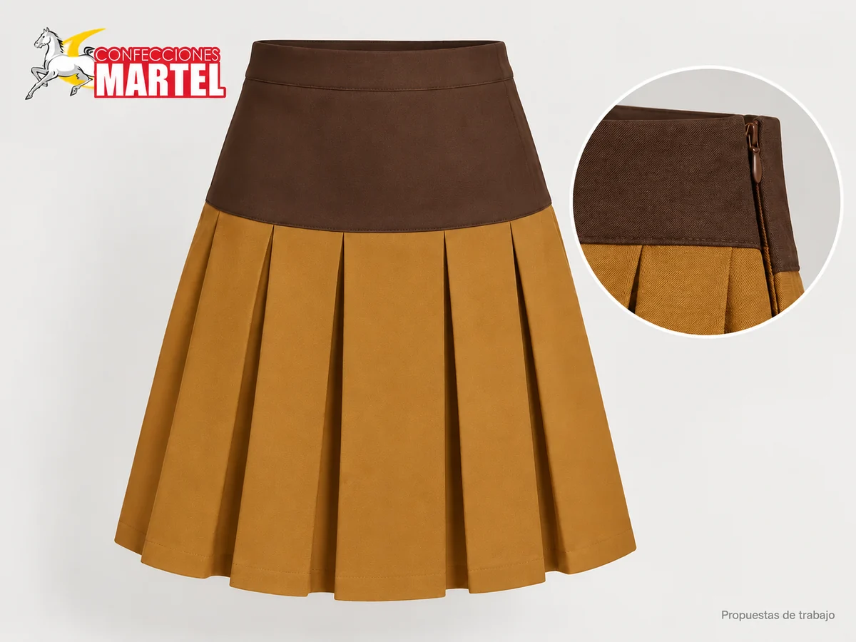 Propuesta Martel Falda Canesú Ronda: Falda ocre con canesú chocolate ancho y tablones desde la cadera.