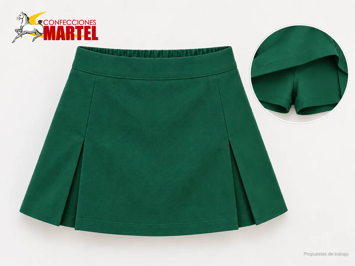 Propuesta Martel Falda-Short Patio: Falda-short verde esmeralda con frente liso y dos pliegues laterales; detalle del short interior integrado.