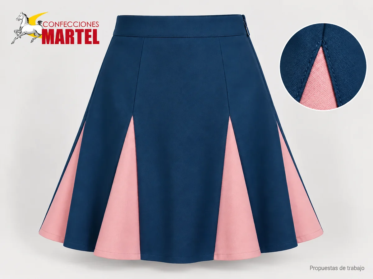 Propuesta Martel Falda Godet Trazo: Falda azul petróleo con cuatro insertos triangulares rosa palo en el bajo.