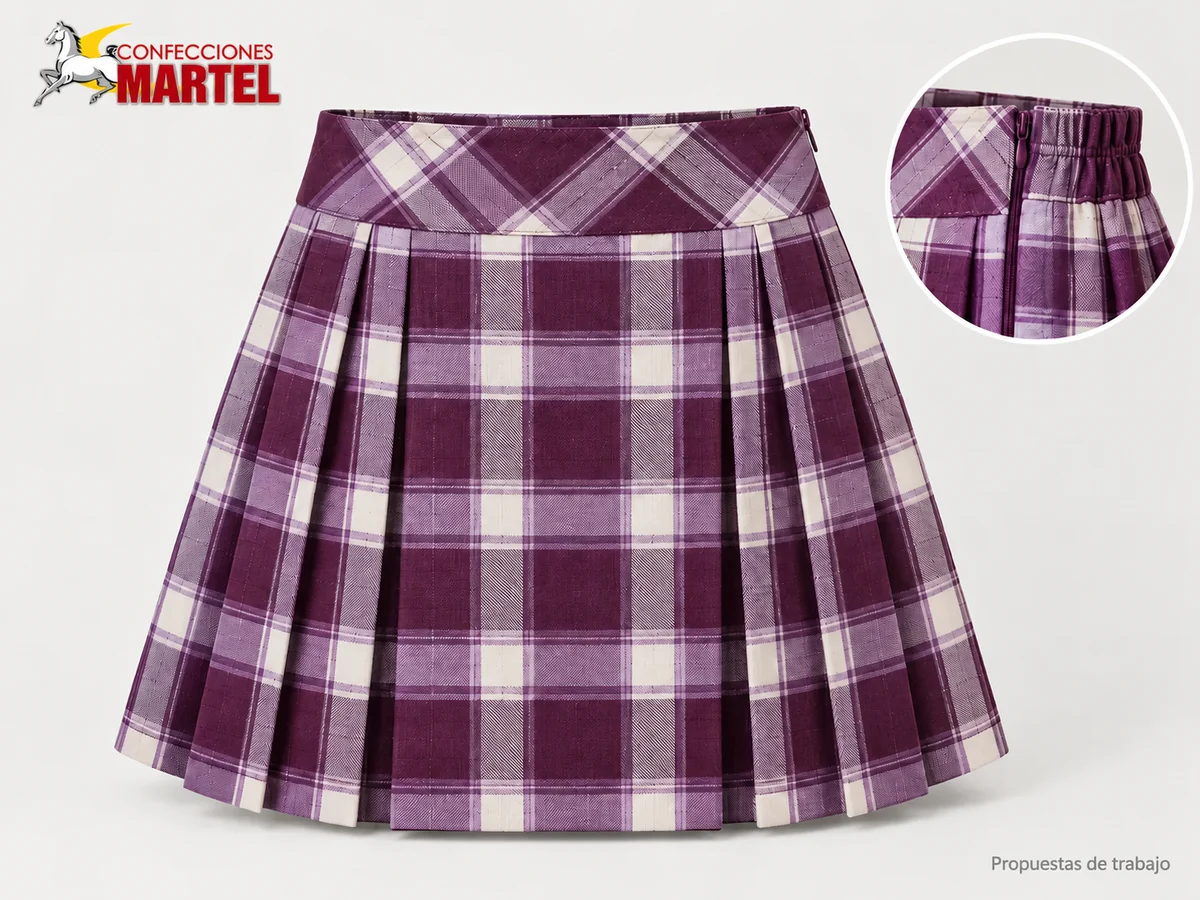 Propuesta Martel Falda Cuadros Encuentro: Falda a cuadros ciruela, lavanda y blanco roto, canesú al bies y tablones laterales.