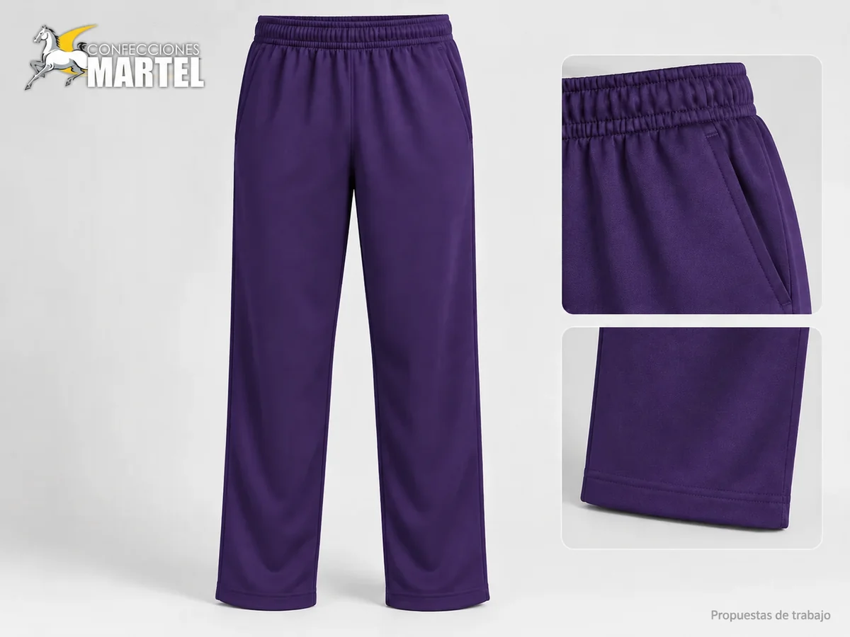 Propuesta Martel MAR-PAN-001: Pantalón deportivo violeta oscuro de pierna recta, cintura elástica y bajo sin puño.