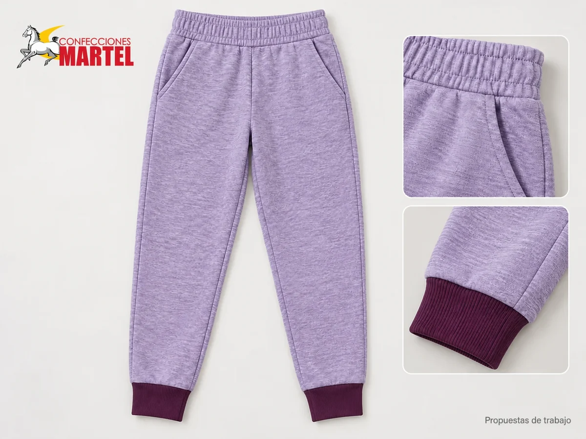 Propuesta Martel MAR-PAN-002: Pantalón jogger lavanda jaspeado con cintura ancha y puños ciruela.