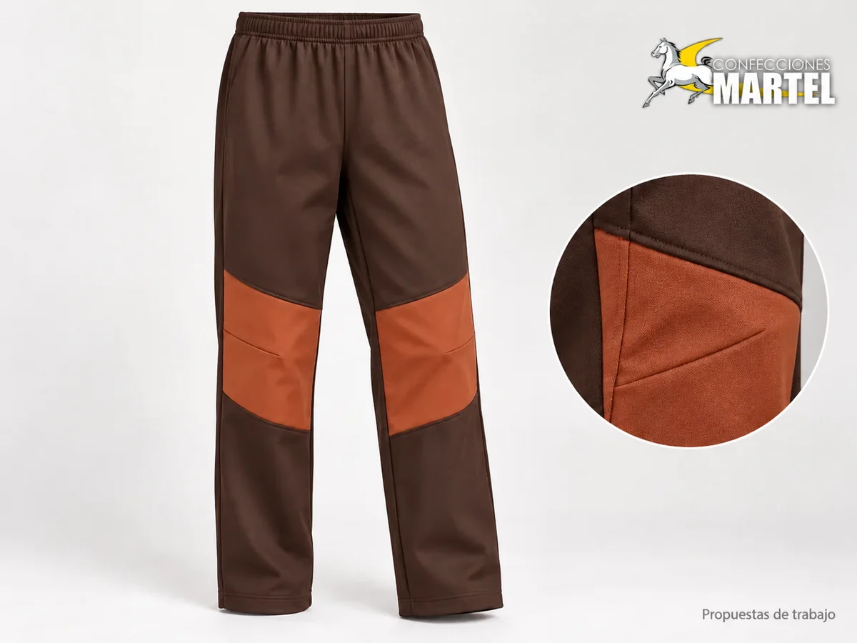 Propuesta Martel MAR-PAN-003: Pantalón chocolate recto con paneles terracota y pinzas en las rodillas.