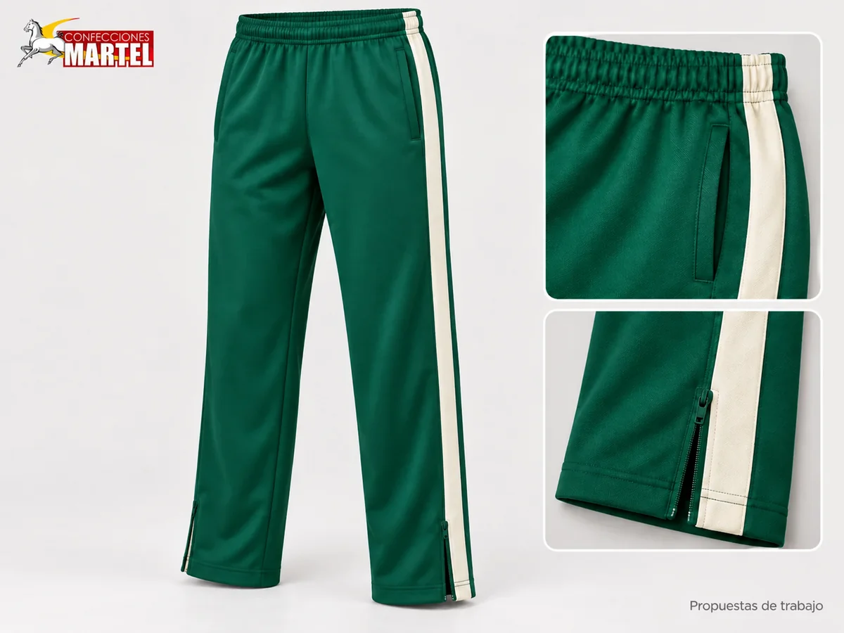 Propuesta Martel MAR-PAN-004: Pantalón verde esmeralda con franja marfil y cierres cortos en ambos tobillos.