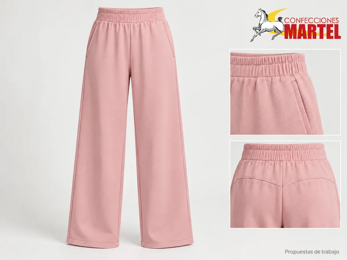Propuesta Martel MAR-PAN-005: Pantalón rosa palo de pierna amplia, cintura elástica y detalle de canesú posterior.