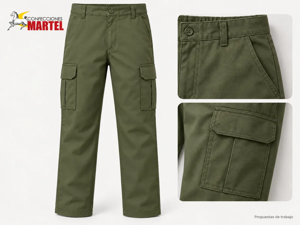 Propuesta Martel MAR-PAN-006: Pantalón cargo verde oliva de pierna recta con bolsillos de tapa en ambos muslos.