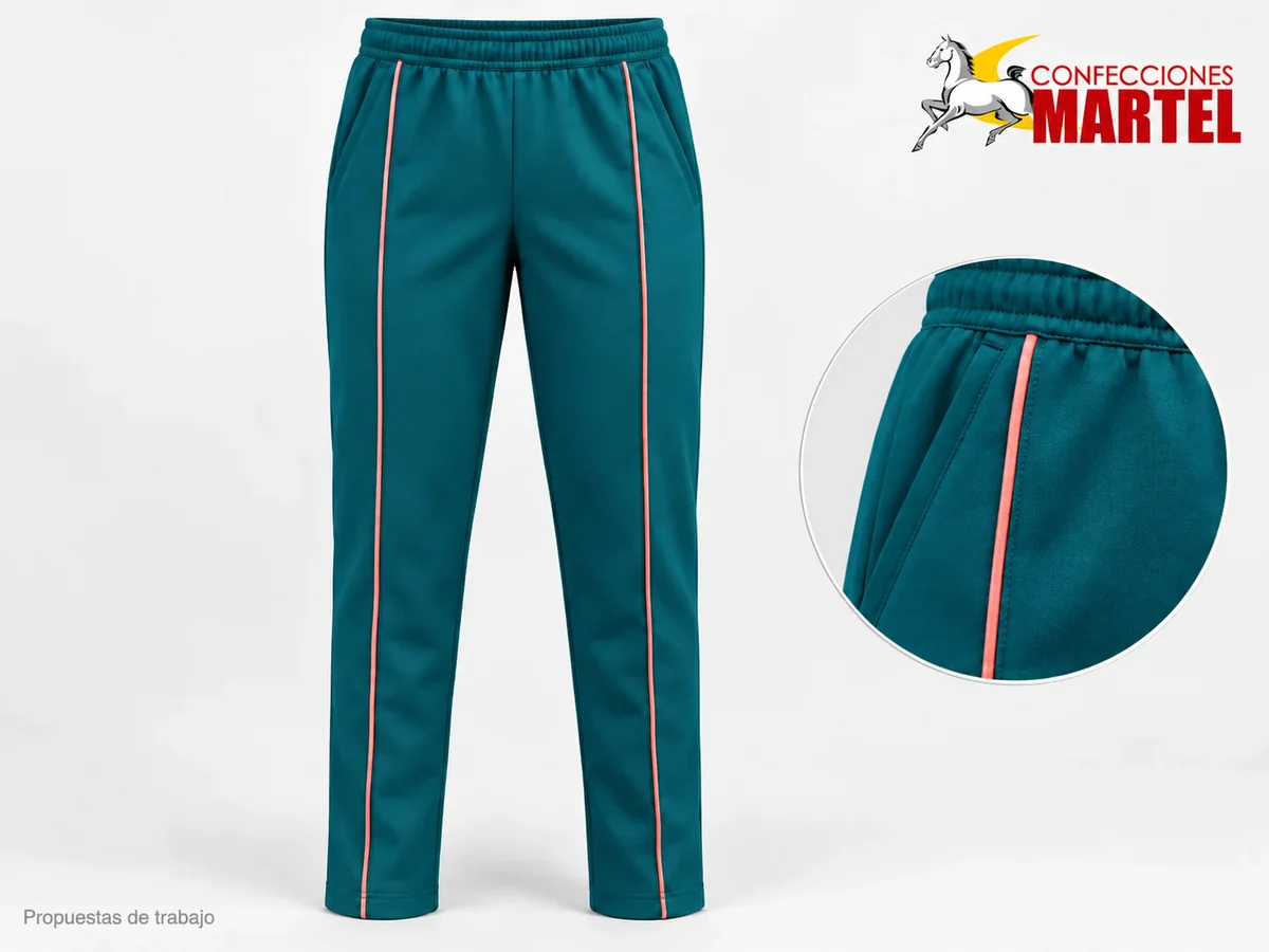 Propuesta Martel MAR-PAN-007: Pantalón turquesa oscuro ligeramente afinado con costuras y vivos coral al frente.