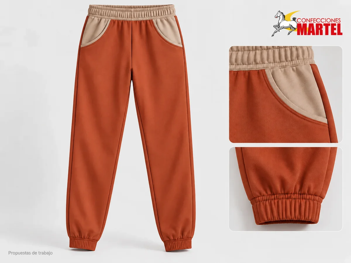 Propuesta Martel MAR-PAN-008: Pantalón terracota con canesú arena, bolsillos curvos y puños elásticos.