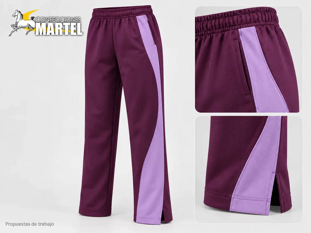 Propuesta Martel MAR-PAN-009: Pantalón ciruela con panel lateral curvo lila y abertura corta en el bajo.