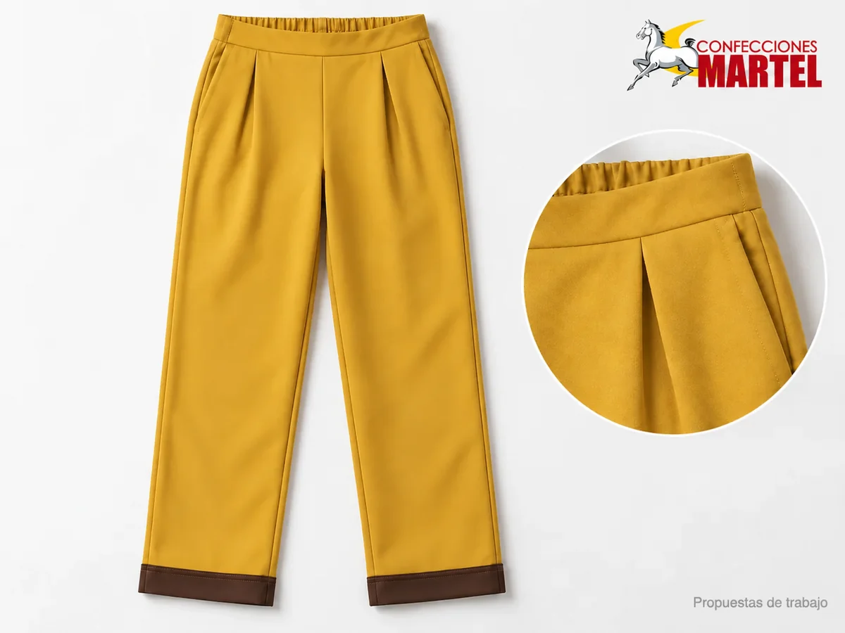 Propuesta Martel MAR-PAN-010: Pantalón mostaza de pierna recta con pinzas frontales y vuelta chocolate cosida.
