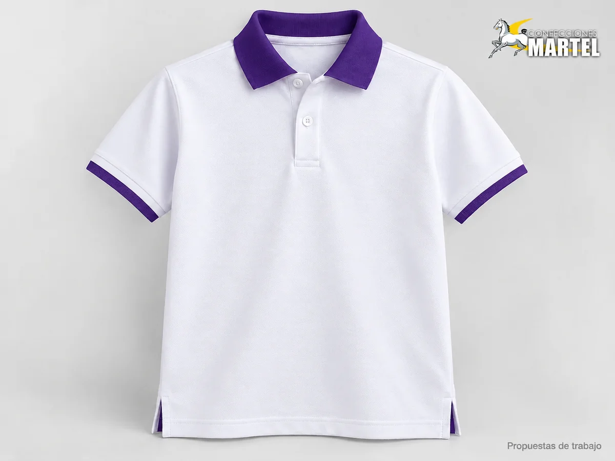 Propuesta Martel MAR-POL-001: Polo blanco de manga corta con cuello violeta, dos botones y aberturas laterales.