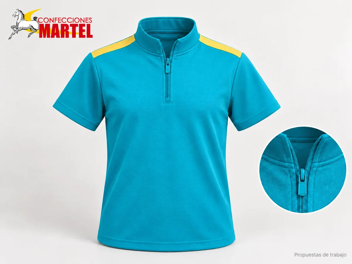 Propuesta Martel MAR-POL-003: Polo turquesa de manga corta con media cremallera y paneles amarillos en hombros.