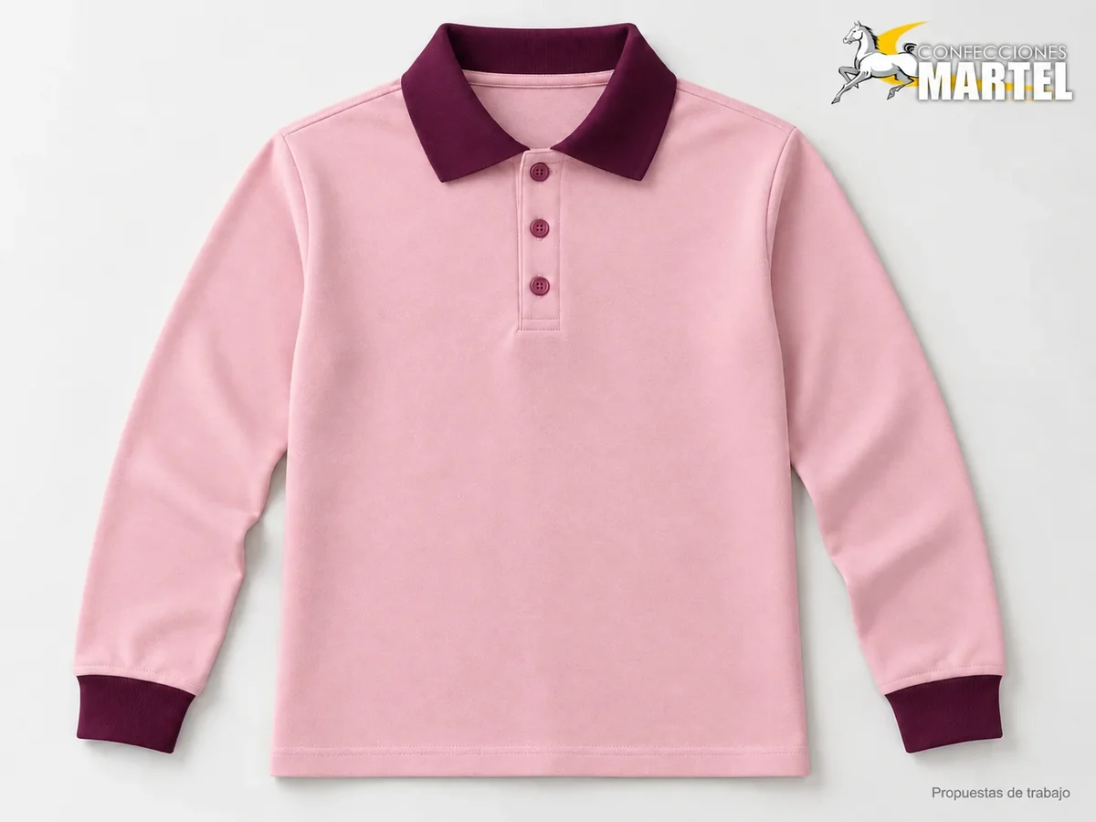Propuesta Martel MAR-POL-004: Polo rosa palo de manga larga con cuello y puños ciruela y tres botones.