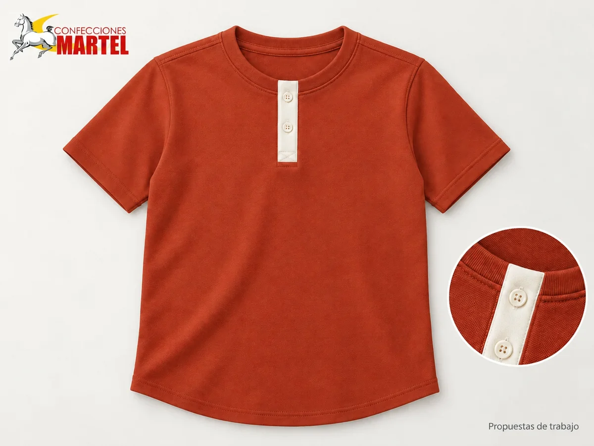 Propuesta Martel MAR-POL-005: Polo Henley terracota de manga corta, tapeta marfil con dos botones y bajo curvo.