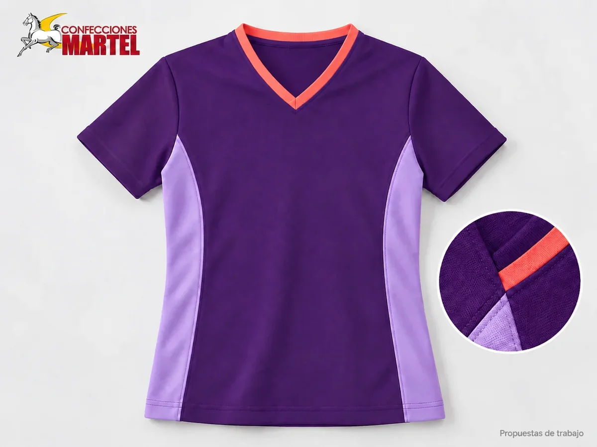 Propuesta Martel MAR-POL-006: Polo violeta de manga corta con cuello V coral y paneles laterales lila.