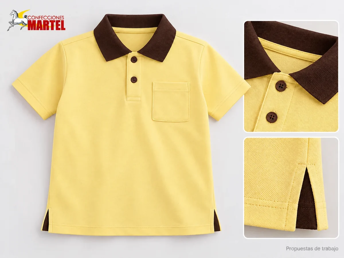 Propuesta Martel MAR-POL-008: Polo amarillo mantequilla con cuello chocolate, bolsillo de pecho y dos botones.