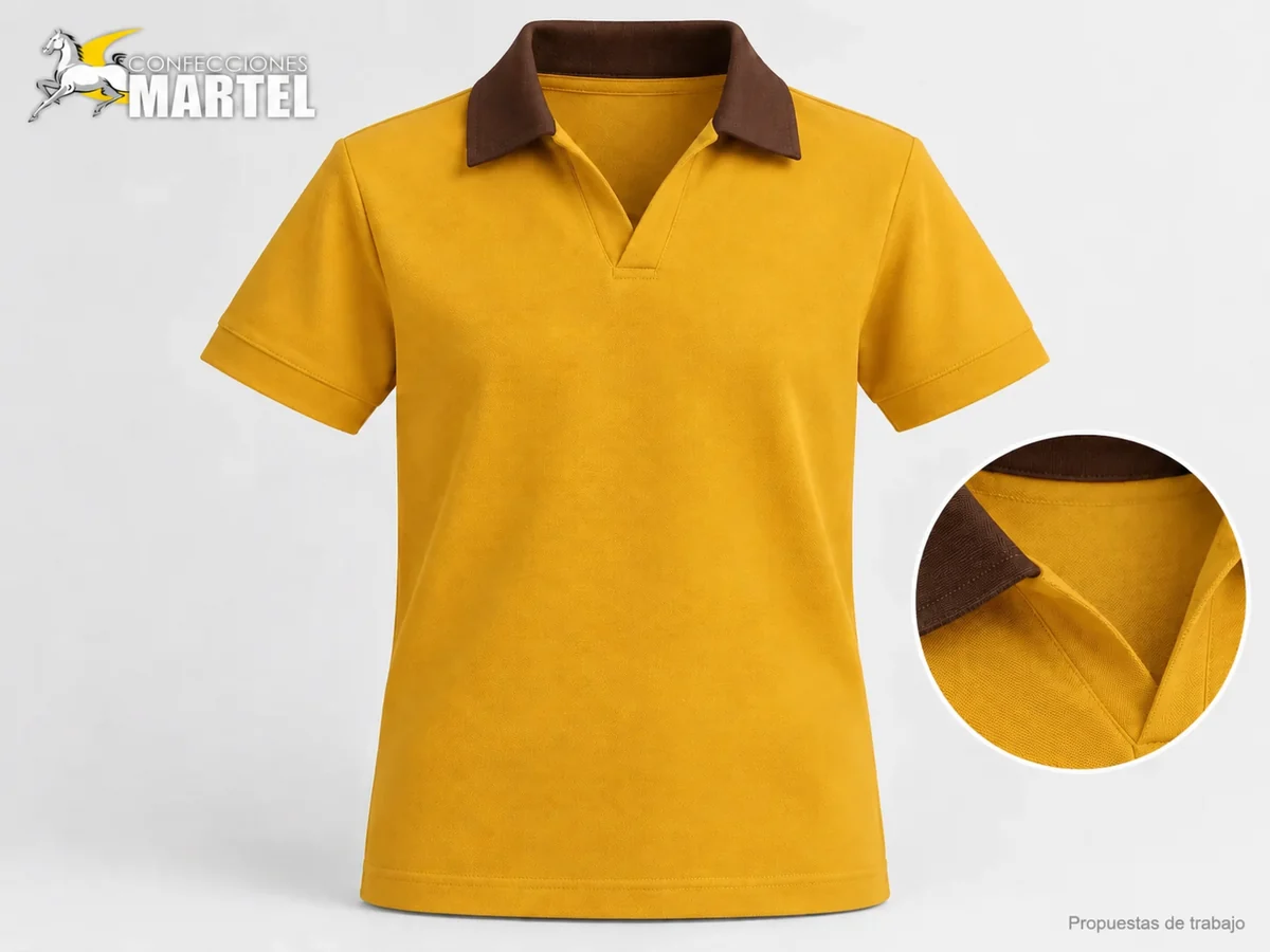 Propuesta Martel MAR-POL-009: Polo mostaza de manga corta con cuello abierto chocolate, sin botones.