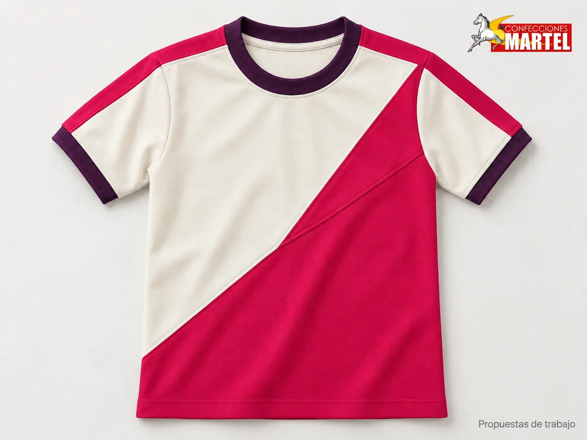 Propuesta Martel MAR-POL-010: Polo marfil de manga corta con panel diagonal fucsia, cuello y ribetes ciruela.