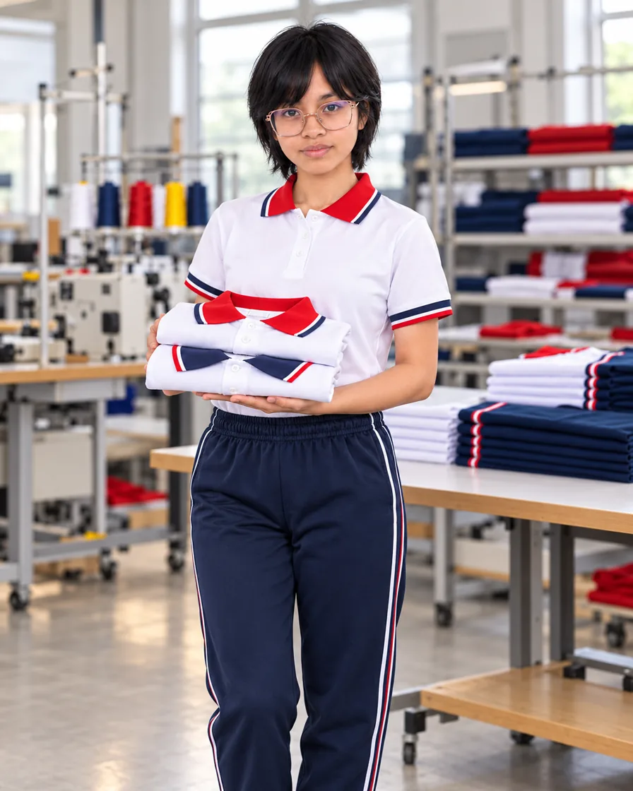 Modelo con polo blanco de cuello rojo sosteniendo polos; imagen generada de referencia
