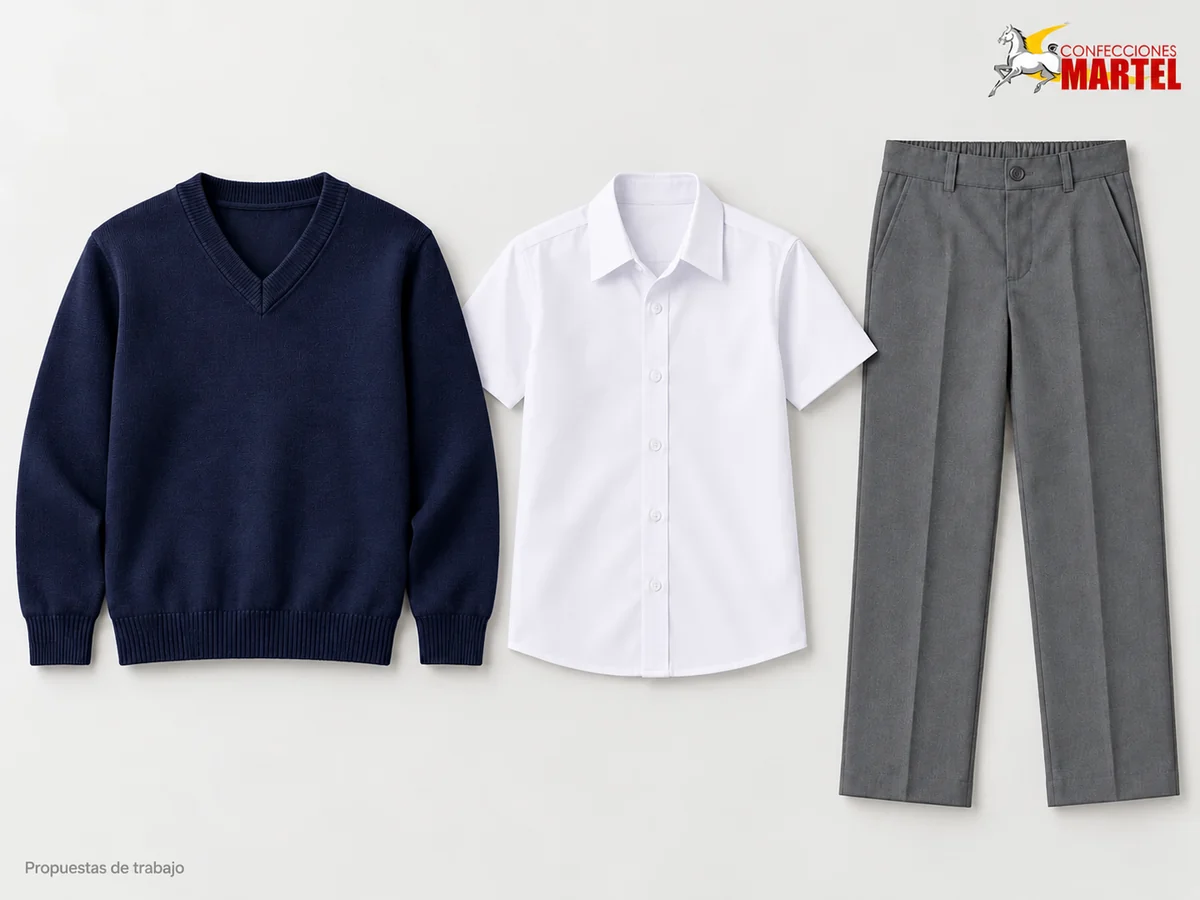 Propuesta Martel Aula Serena: Chompa azul marino de cuello en V, Camisa blanca de manga corta, Pantalón gris medio recto