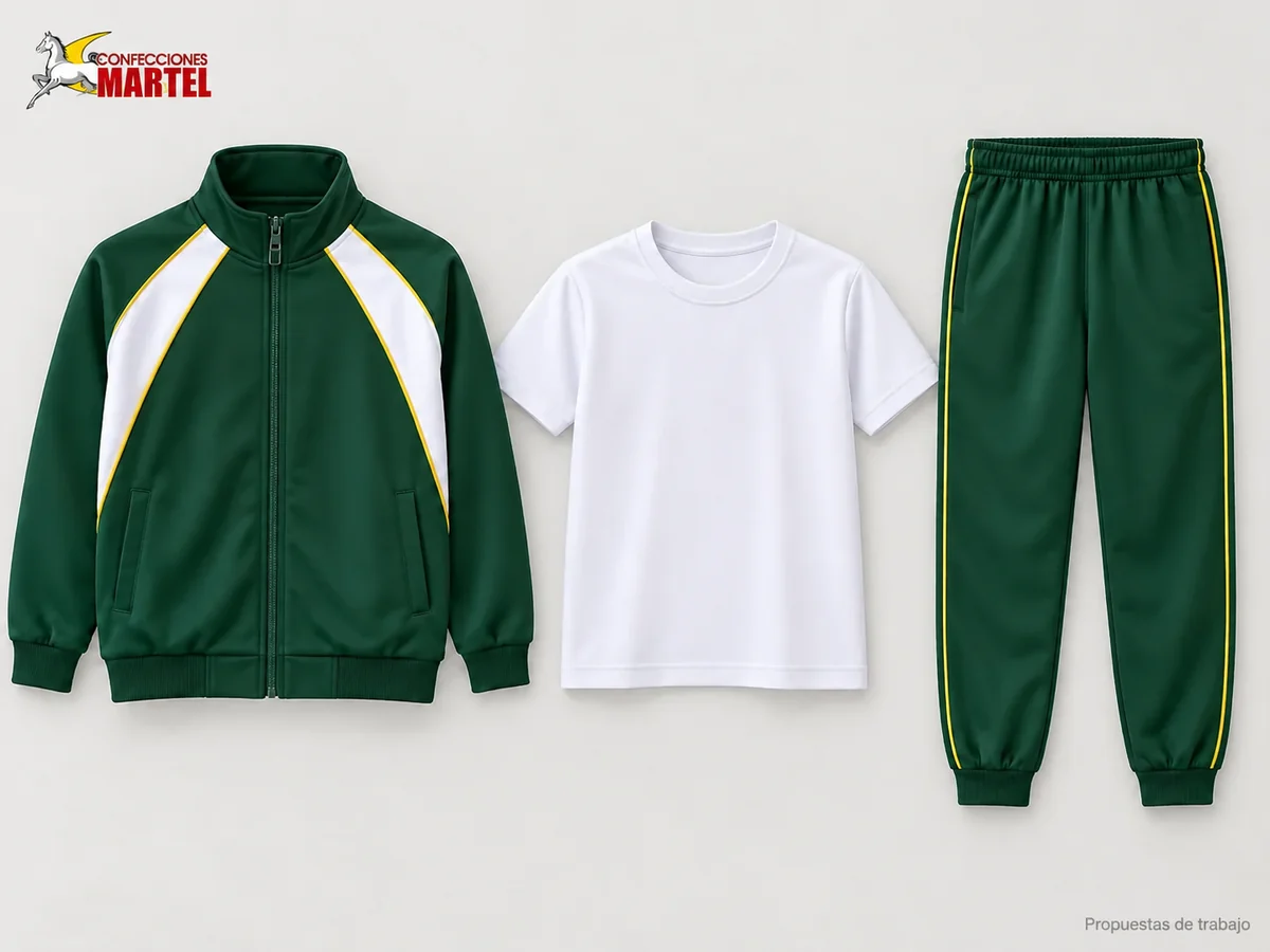 Propuesta Martel Patio Dinámico: Casaca verde bosque con panel blanco y vivo amarillo, Polo blanco de cuello redondo, Pantalón verde bosque con puño al tobillo